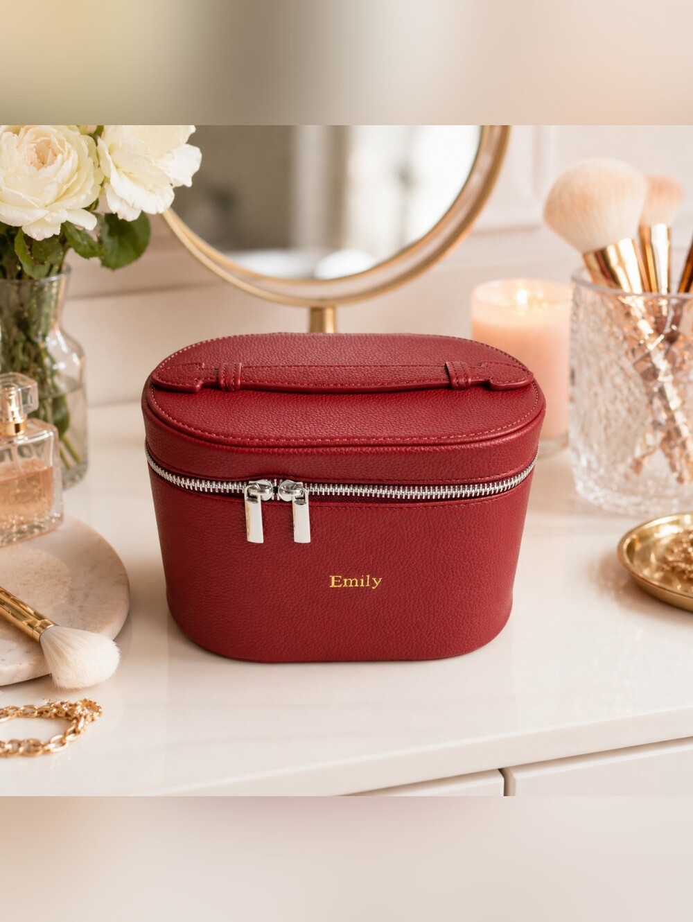 Personalized Red Faux Leather Travel Case Cosmetic Organizer Makeup Emily